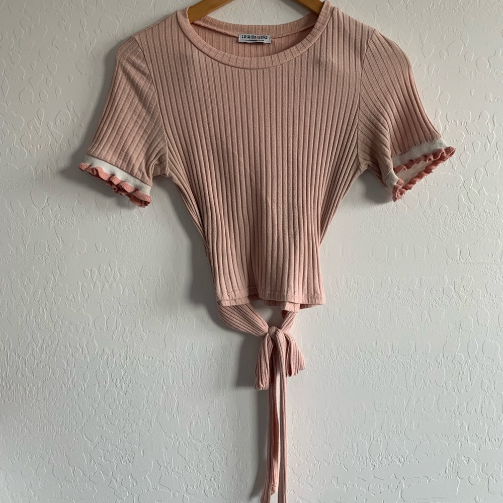 Fashion Nova Blush Ribbed Tie-Front Tee